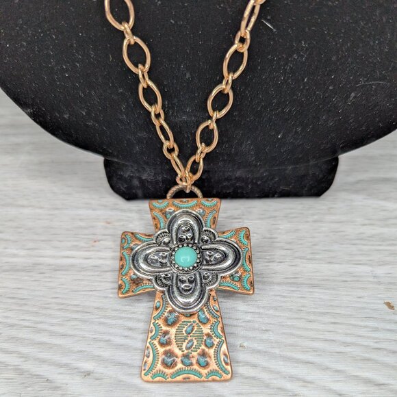 Copper & Turquoise Cross Pendant Necklace 2" x 1.5" w/Chain Necklace - Picture 1 of 11